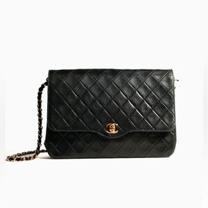 Authentic CHANEL Vintage 1970s RARE Black Lambskin Matelassé  Chain Shoulder Bag